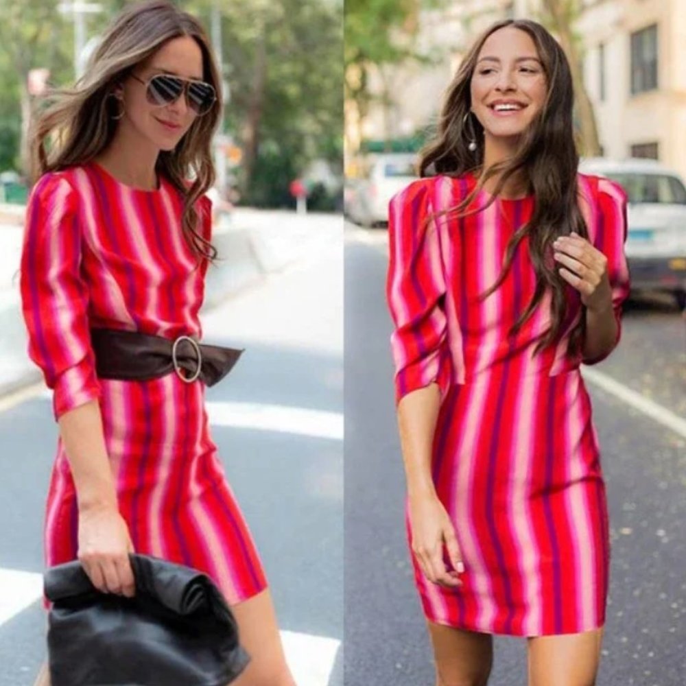 Something Navy Puff Sleeve Mini Dress in Red/Pink Stripe S